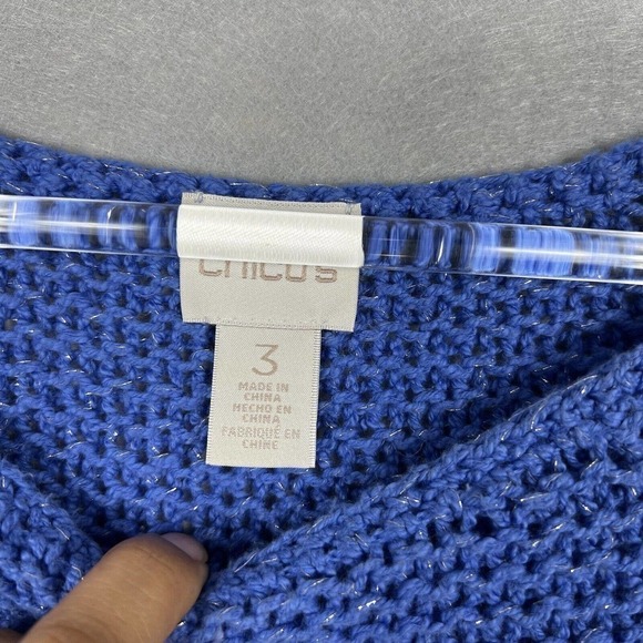 Chico's Sweater Top Size 3/XL Blue Striped Metallic Gold Open Knit Pullover - Picture 7 of 13